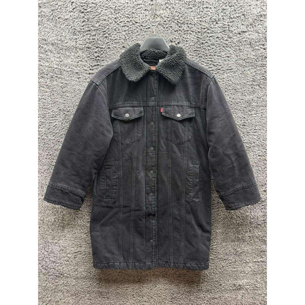 Levi's Premium Longline Padded Faux Fur Denim Trucker Jacket Black Womens Size S